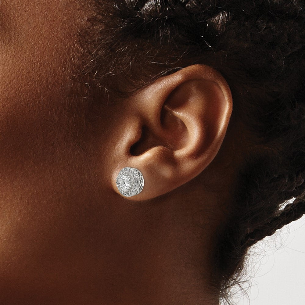 Sterling Silver Rhod-plated Polished Pavé CZ Halo Round Post Earrings