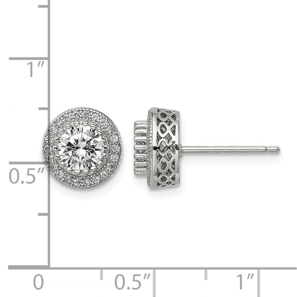 Sterling Silver Rhod-plated Polished Pavé CZ Halo Round Post Earrings