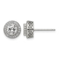 Sterling Silver Rhod-plated Polished Pavé CZ Halo Round Post Earrings