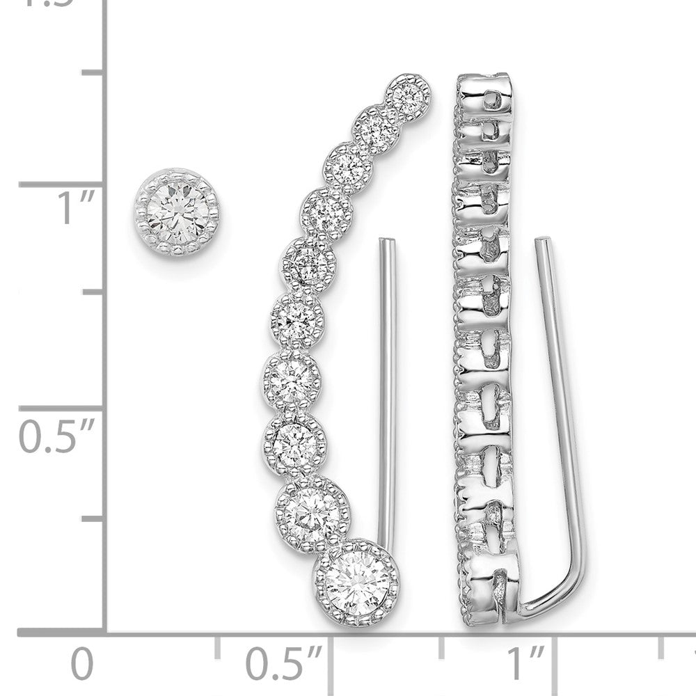 Sterling Silver RH-plated Polished & Textured CZ 1 Ear Climber & 1 Stud Ear