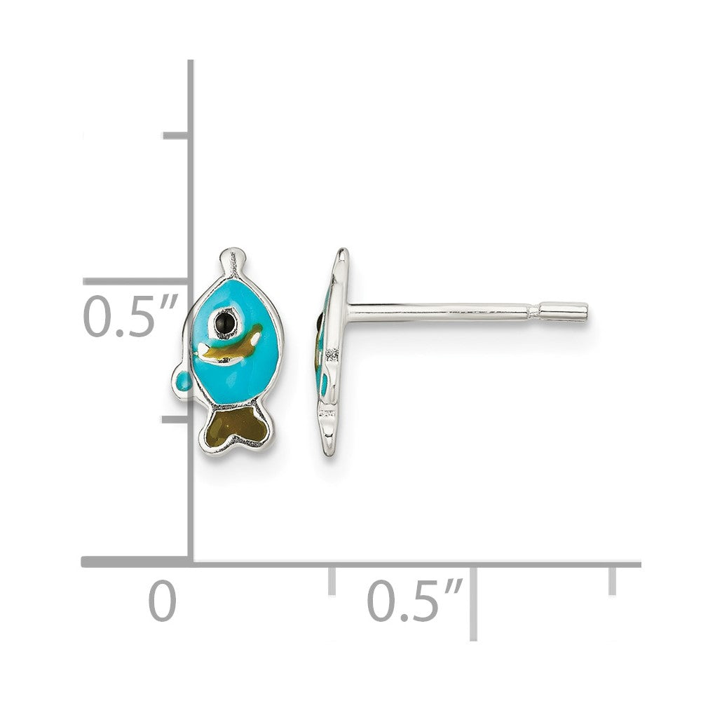 Sterling Silver Polished Enameled Fish Post Earrings