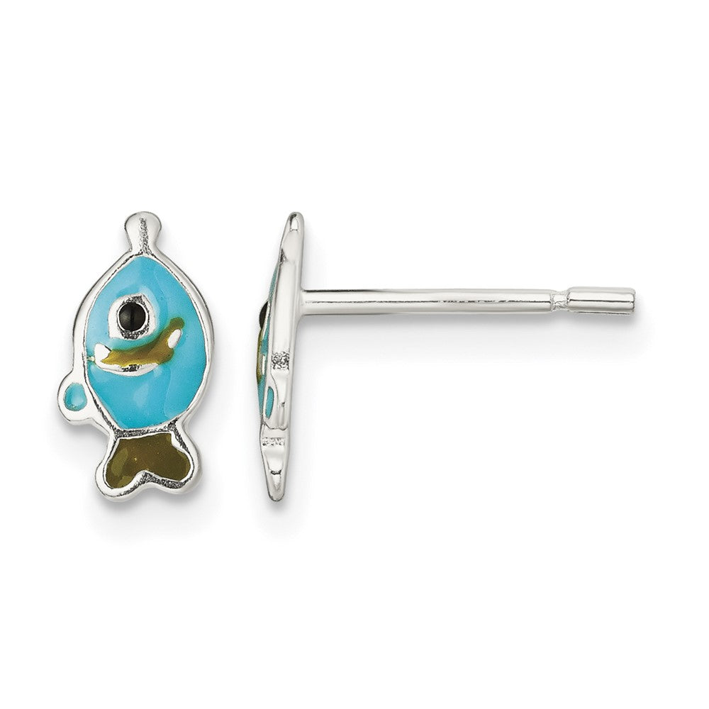 Sterling Silver Polished Enameled Fish Post Earrings