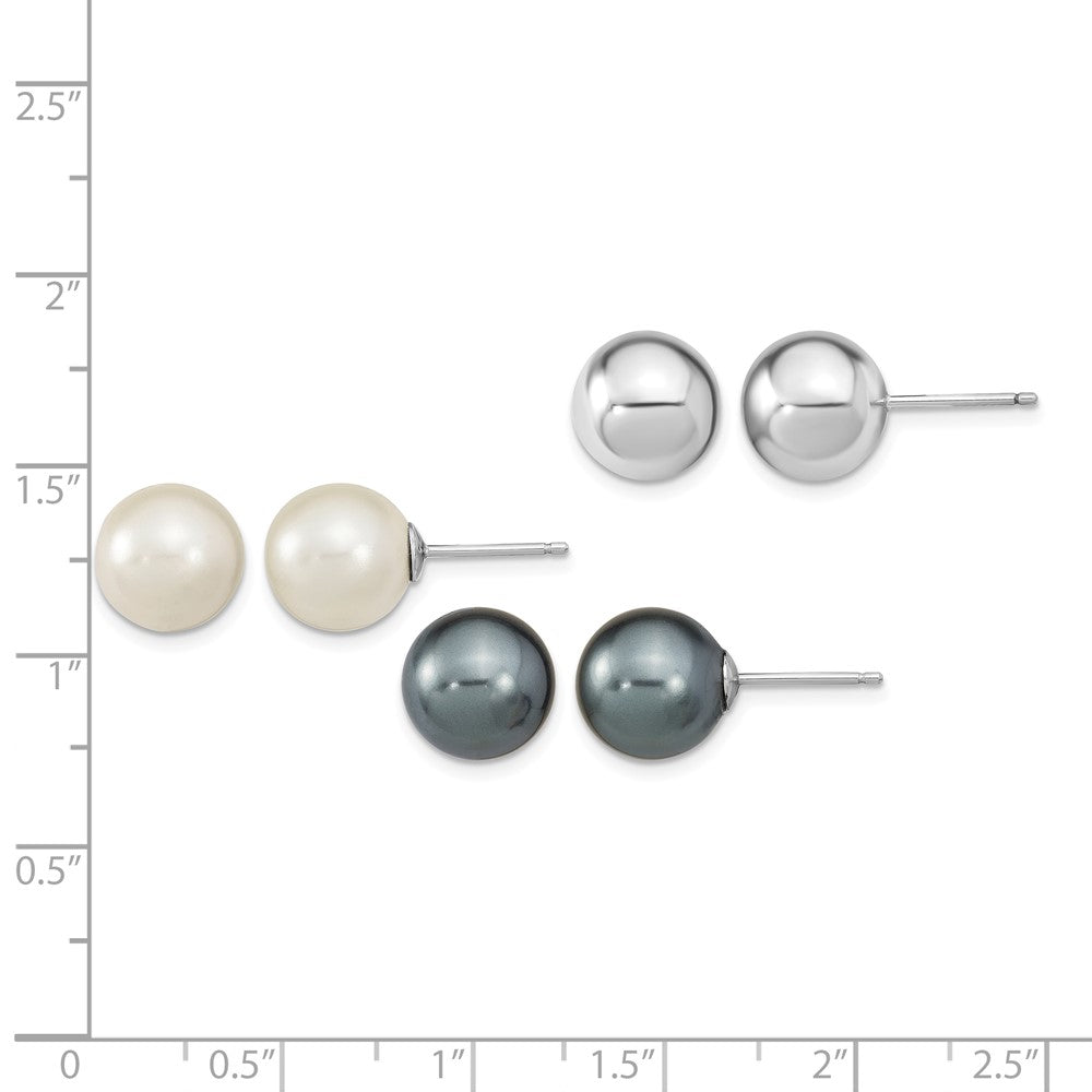 Sterling Silver RH-pl 10-11mm Wht/Grey Imitation Shell Pearl 3 Earring Set