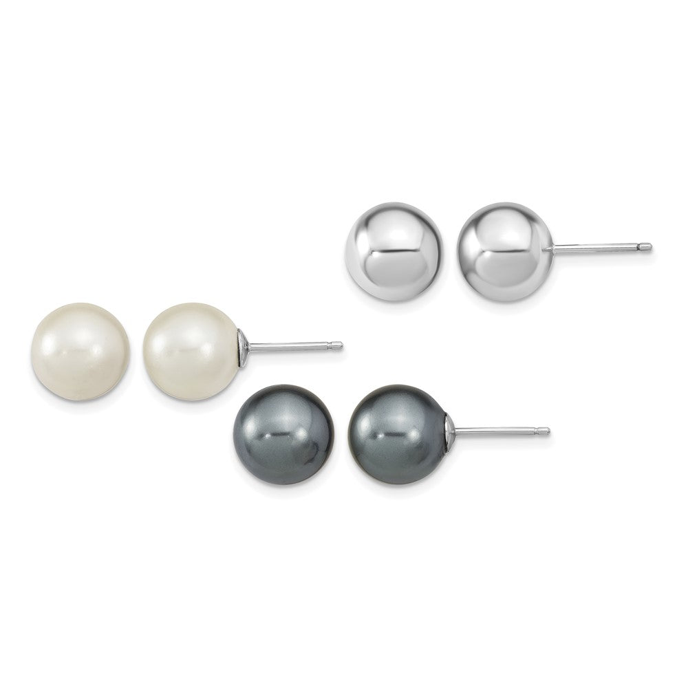 Sterling Silver RH-pl 10-11mm Wht/Grey Imitation Shell Pearl 3 Earring Set