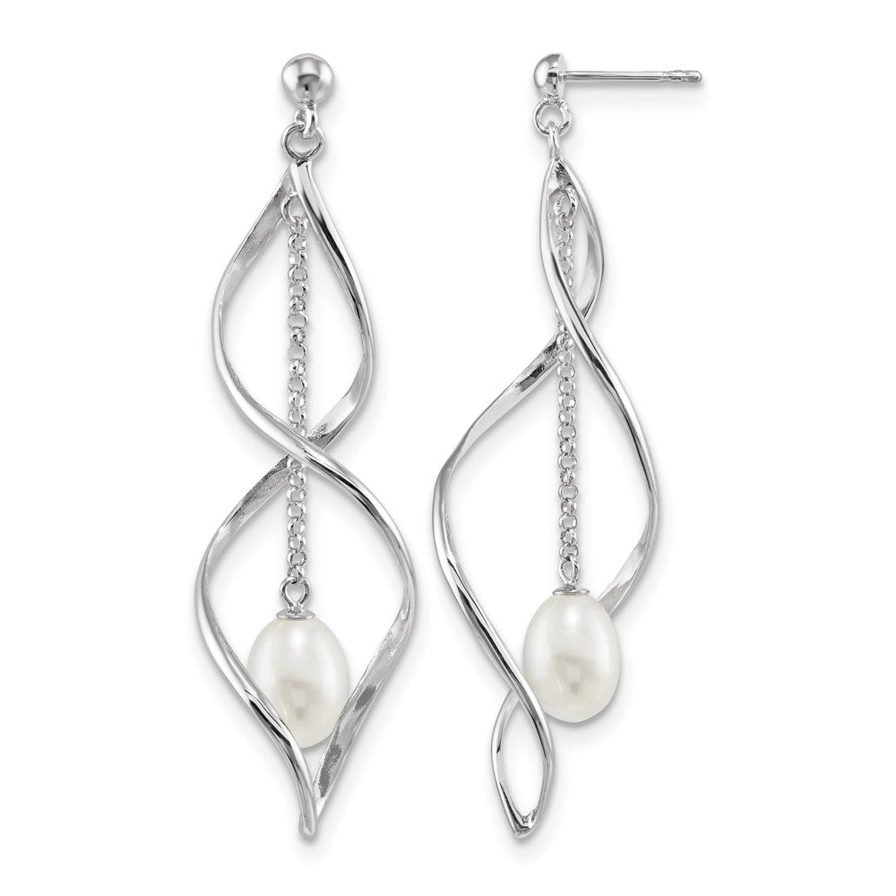 Sterling Silver Rhodium-plated 7-8mm White Rice FWC Pearl Dangle Earring