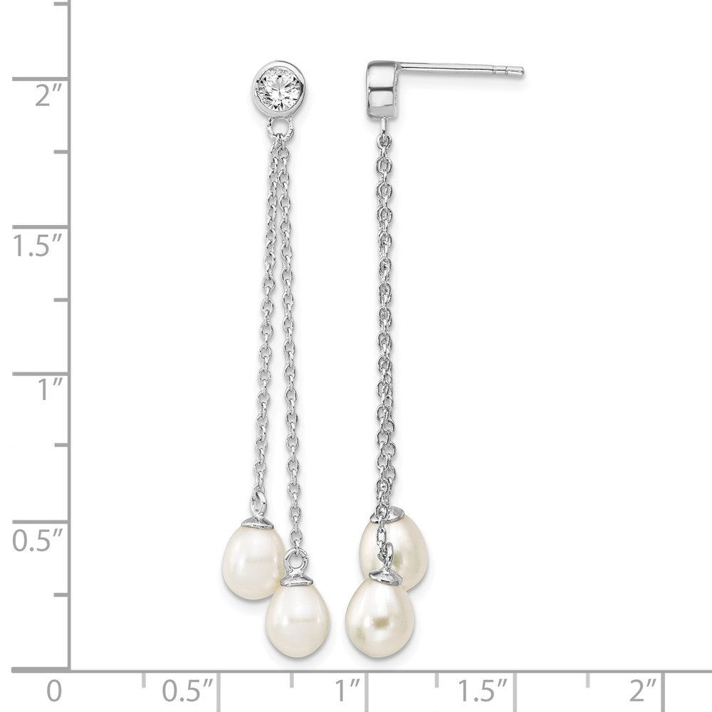 Sterling Silver Rhodium-plated 6-7mm Rice FWC Pearl CZ Post Dangle Earrings