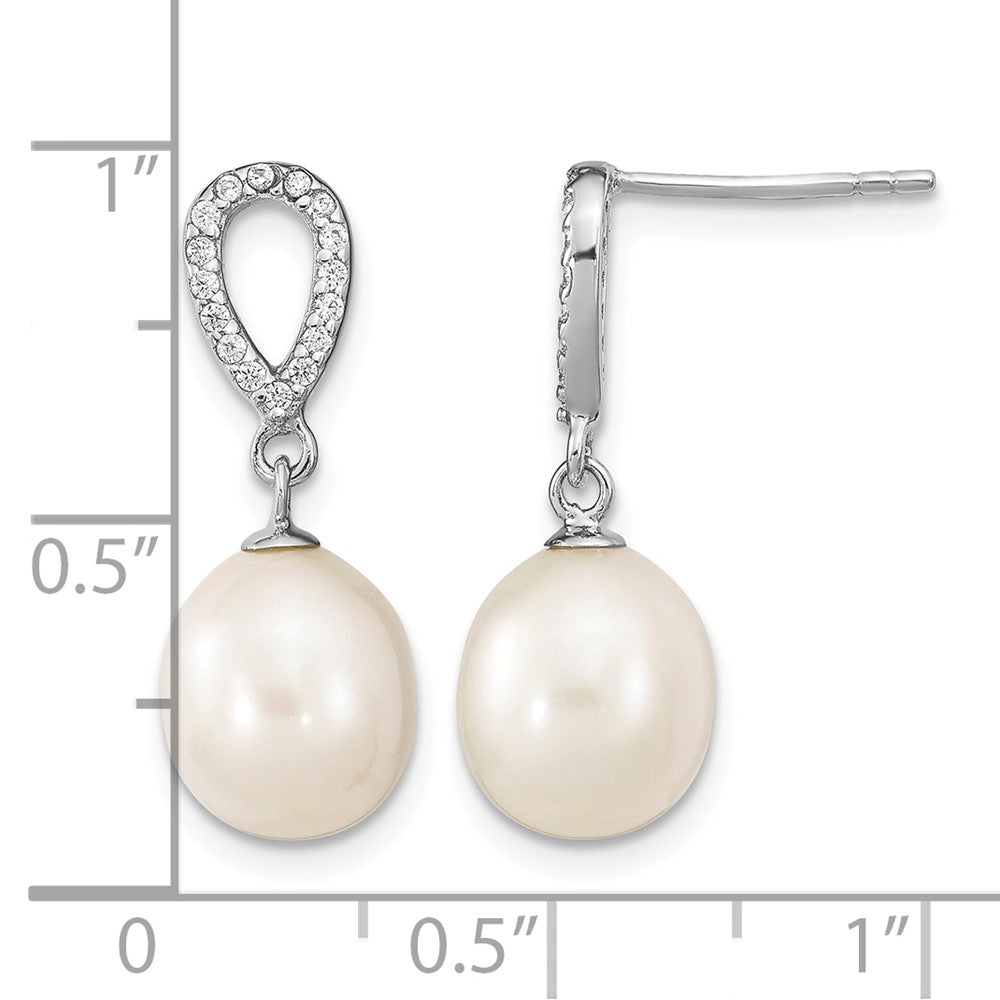 Sterling Silver Rhodium-plated 8-9mm Rice FWC Pearl CZ Post Dangle Earrings