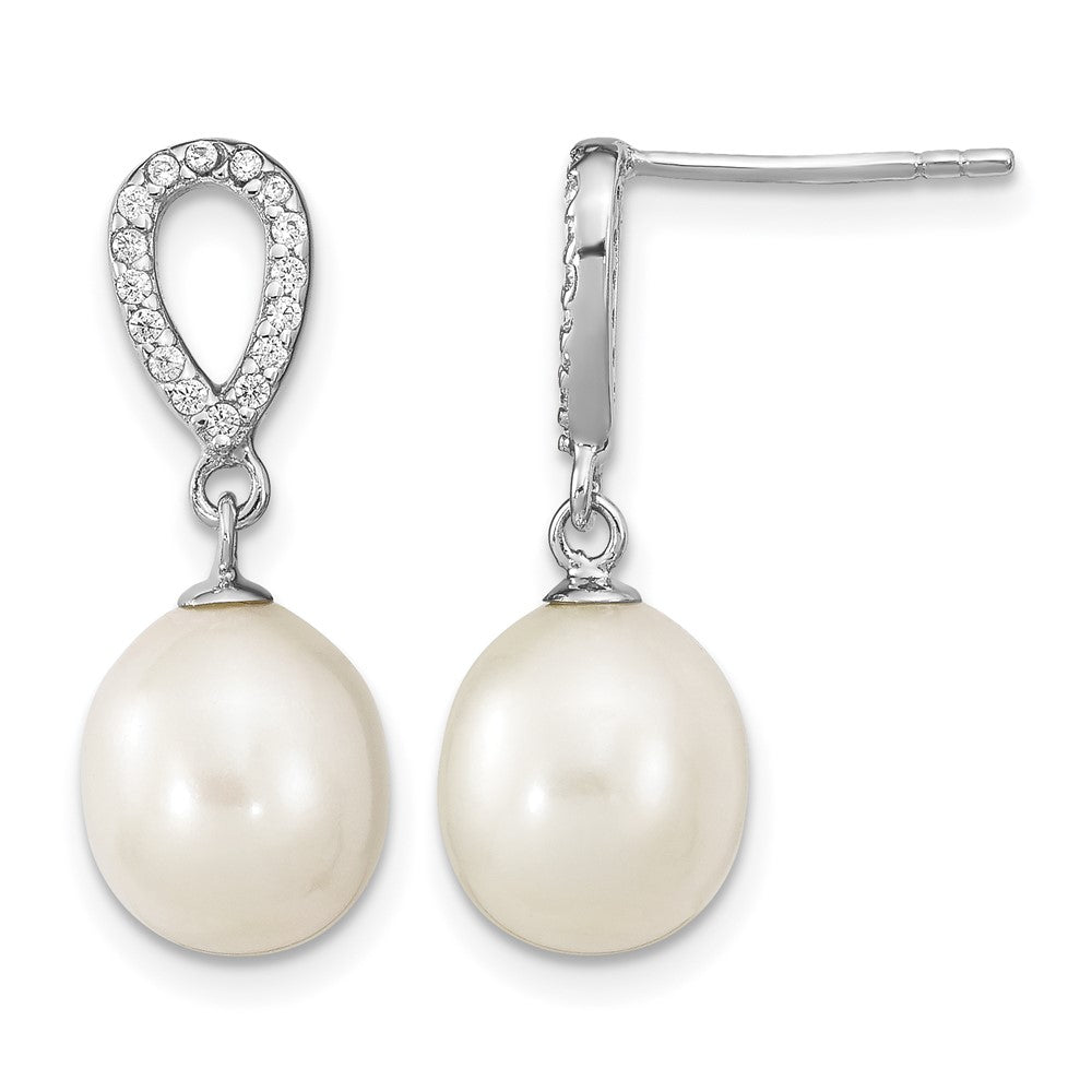 Sterling Silver Rhodium-plated 8-9mm Rice FWC Pearl CZ Post Dangle Earrings