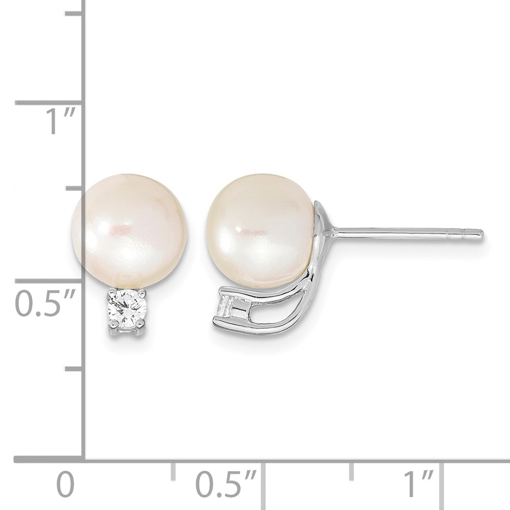 Sterling Silver Rh-plated 8-9mm White Semi-Round FWC Pearl CZ Post Earrings
