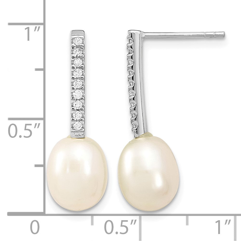 Sterling Silver Rhodium-plated 8-9mm Rice FWC Pearl CZ Post Dangle Earrings