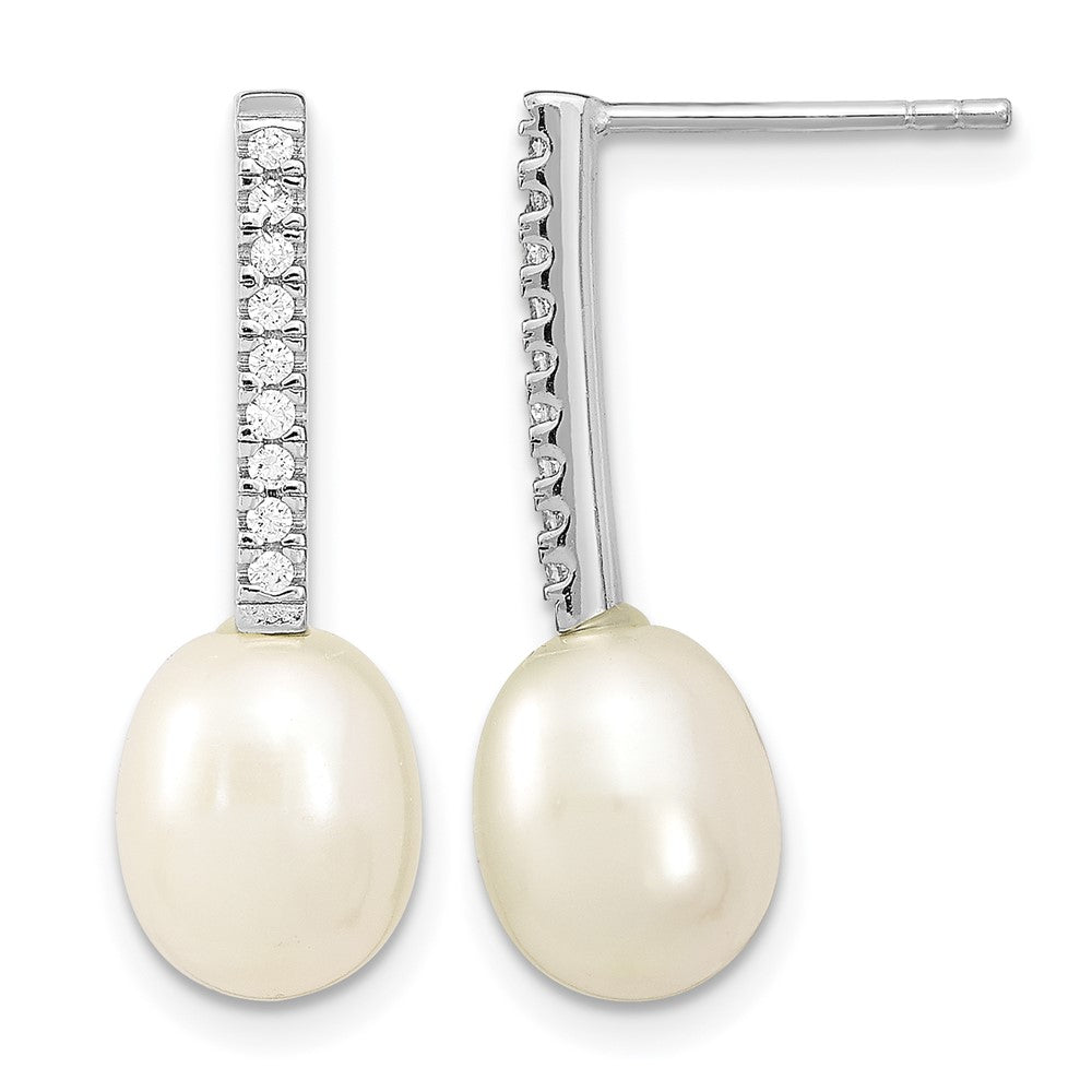 Sterling Silver Rhodium-plated 8-9mm Rice FWC Pearl CZ Post Dangle Earrings