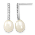 Sterling Silver Rhodium-plated 8-9mm Rice FWC Pearl CZ Post Dangle Earrings