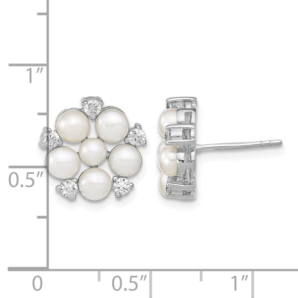 Sterling Silver RH 3-5mm White Button FWC Pearl CZ Post Earrings