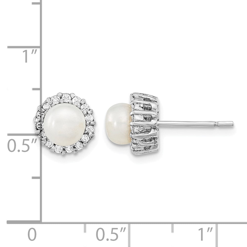 Sterling Silver Rhodium-plated CZ Synthetic Pearl Post Earrings
