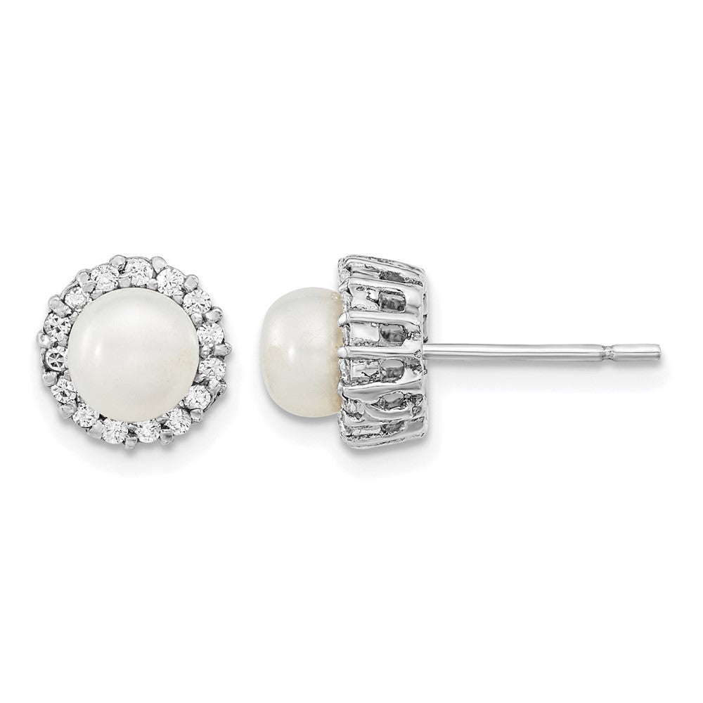 Sterling Silver Rhodium-plated CZ Synthetic Pearl Post Earrings