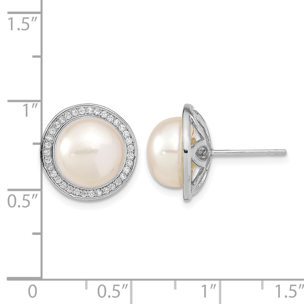 Sterling Silver RH 10-11mm Button FWC Pearl CZ Post Earrings