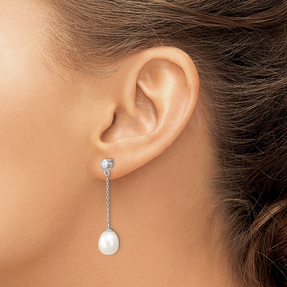 Sterling Silver Rhodium-plated 8-9mm Rice FWC Pearl CZ Post Dangle Earrings