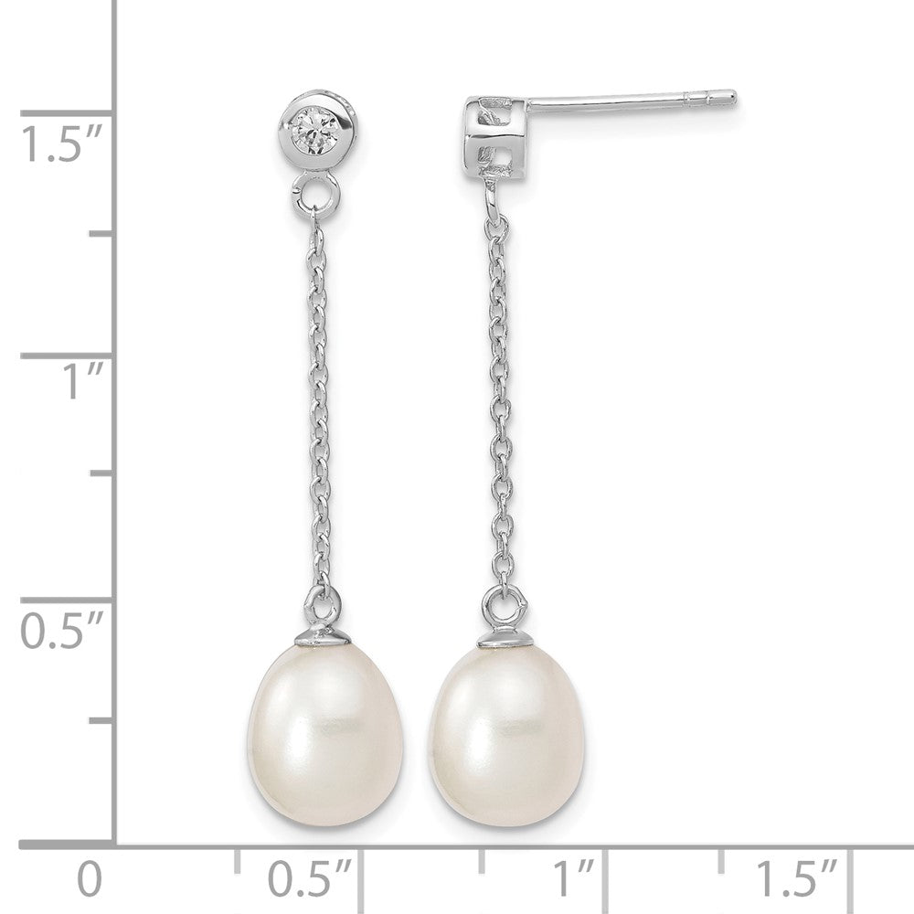 Sterling Silver Rhodium-plated 8-9mm Rice FWC Pearl CZ Post Dangle Earrings