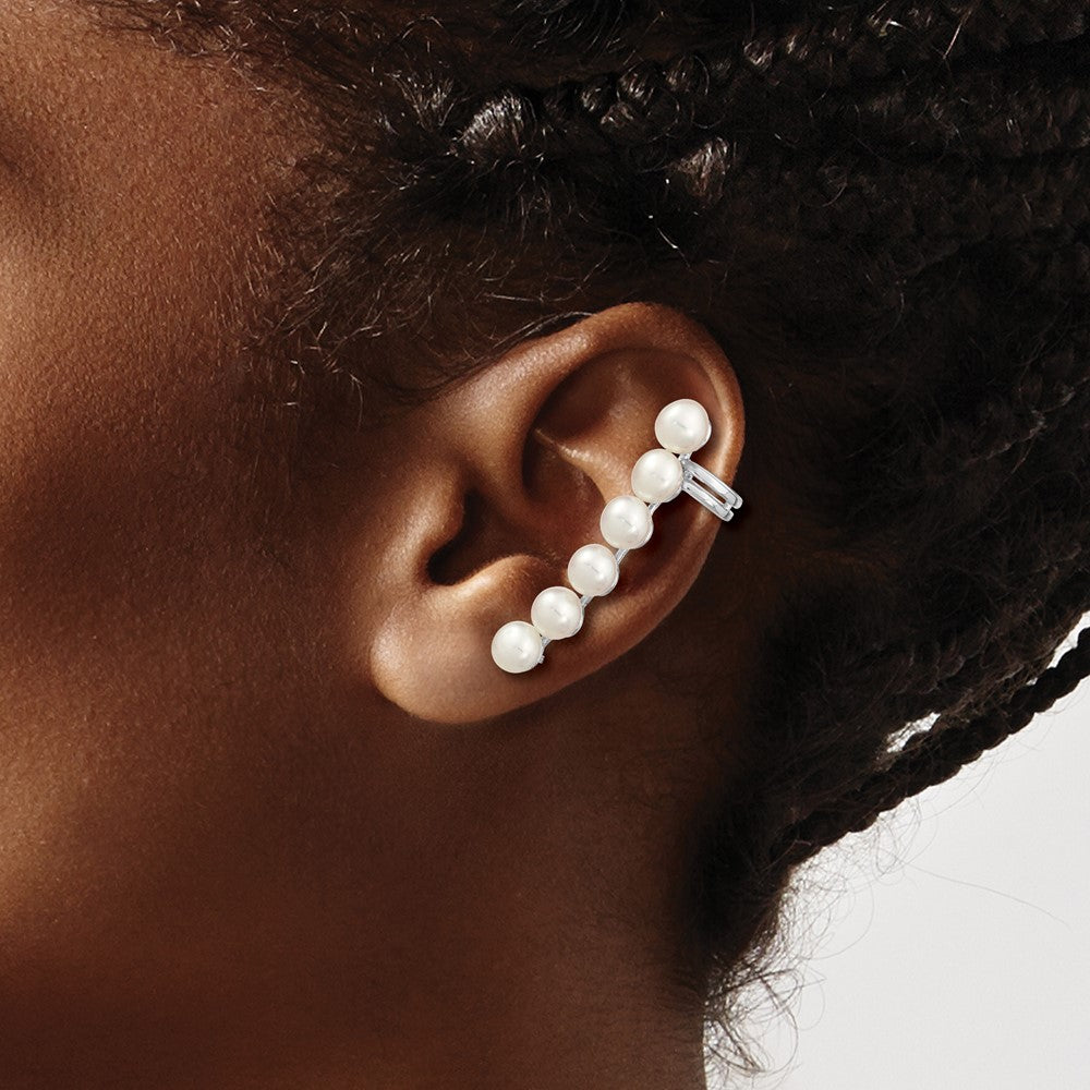 Sterling Silver RH-plated 5-6mm FWC Pearl Post Ear Climber/Cuff Earrings