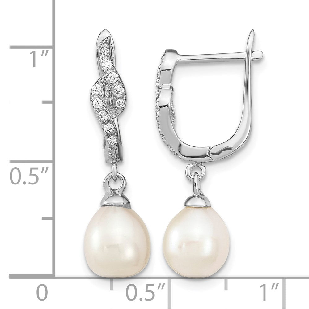 Sterling Silver Rhodium-plated 7-8mm Teardrop FWC Pearl CZ Dangle Earrings