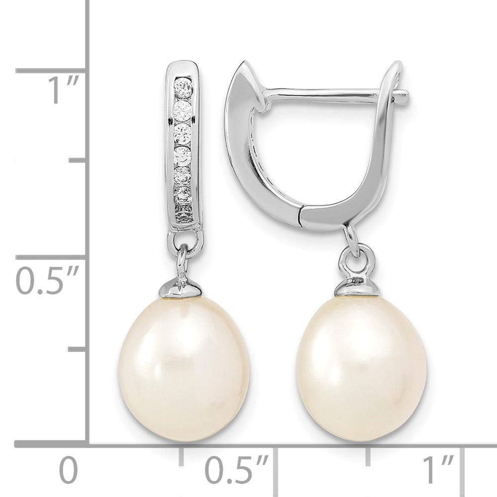 Sterling Silver Rhodium-plated 8-9mm Rice FWC Pearl CZ Dangle Hoop Earrings