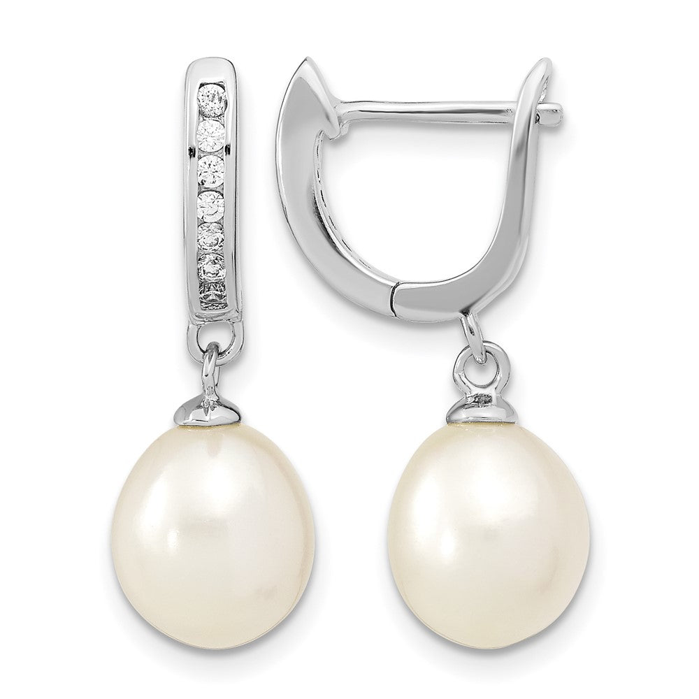 Sterling Silver Rhodium-plated 8-9mm Rice FWC Pearl CZ Dangle Hoop Earrings