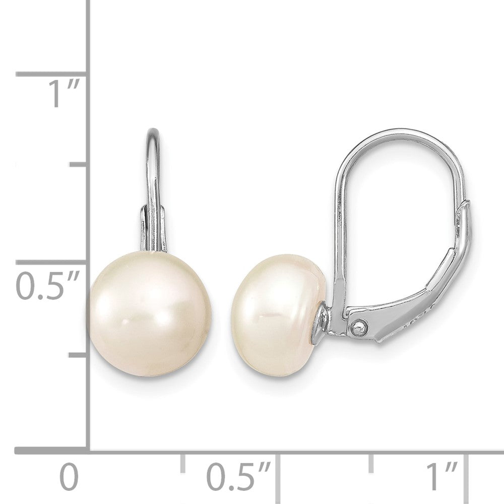 Sterling Silver RH-plated 8-9mm Button FWC Pearl Leverback Earrings