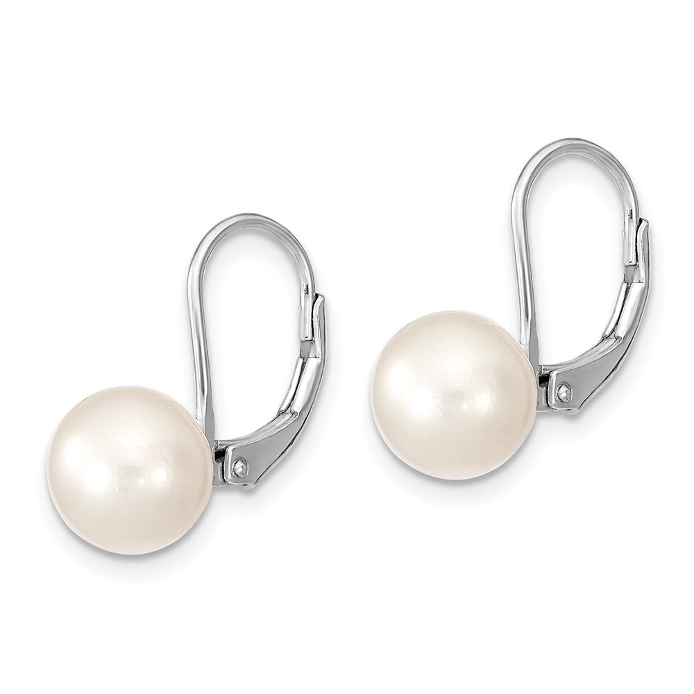 Sterling Silver Rhod-plated 8-9mm Round FWC Pearl Leverback Earrings