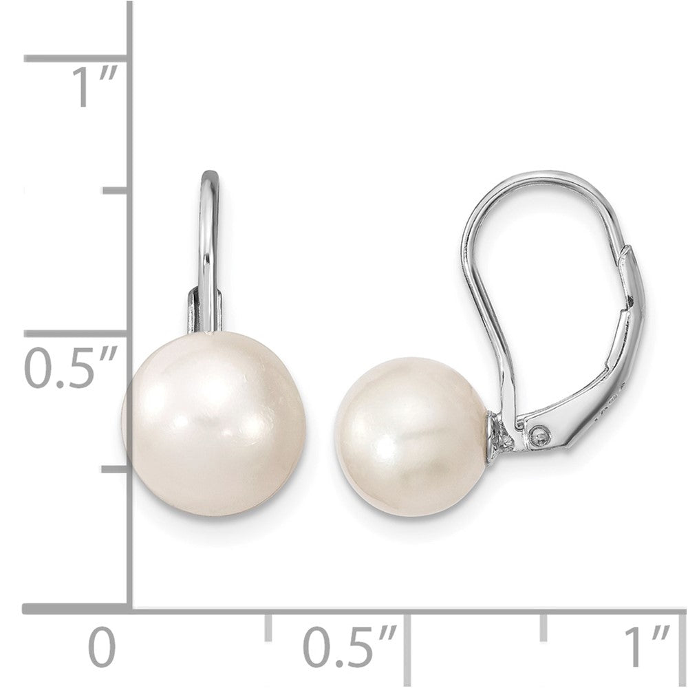 Sterling Silver Rhod-plated 8-9mm Round FWC Pearl Leverback Earrings