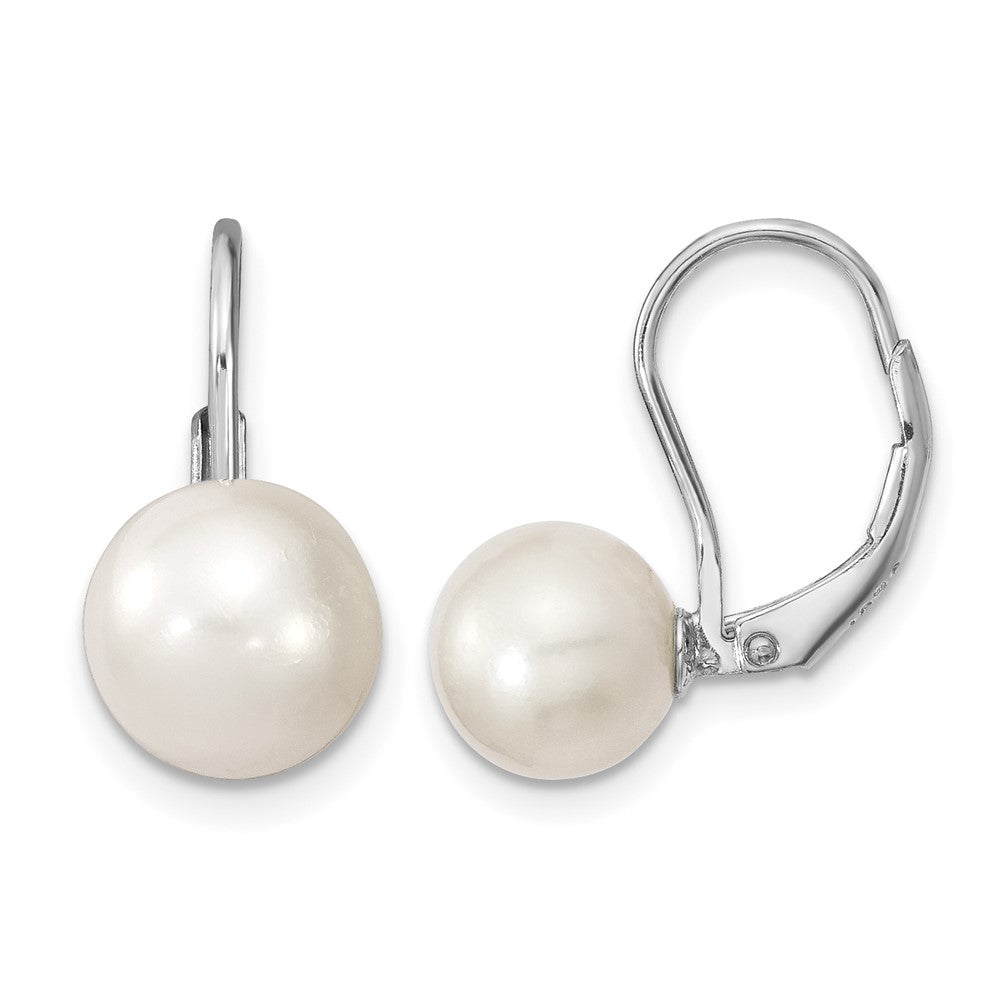 Sterling Silver Rhod-plated 8-9mm Round FWC Pearl Leverback Earrings
