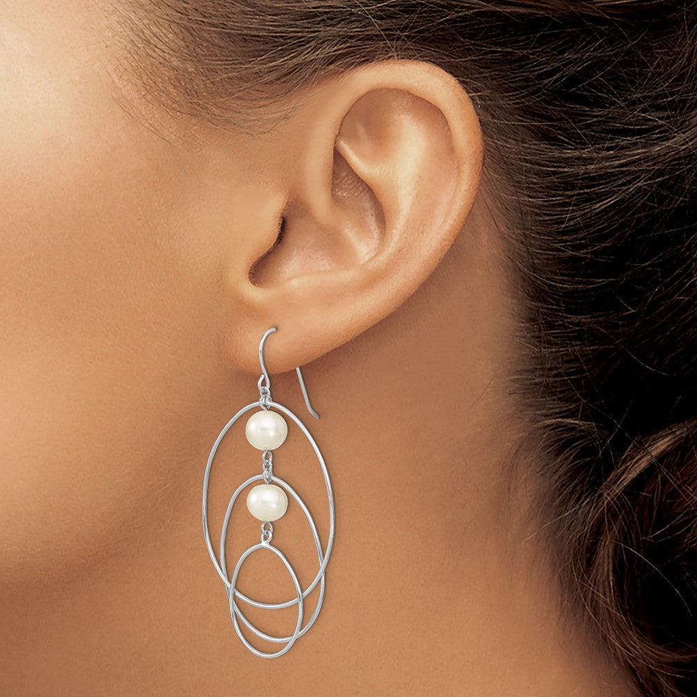 Sterling Silver RH-plated Polished 8-9mm FWC Pearl Circles Dangle Earrings