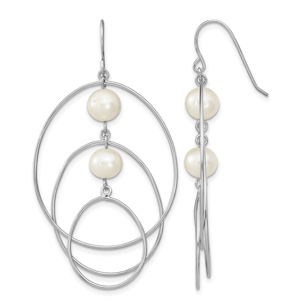 Sterling Silver RH-plated Polished 8-9mm FWC Pearl Circles Dangle Earrings