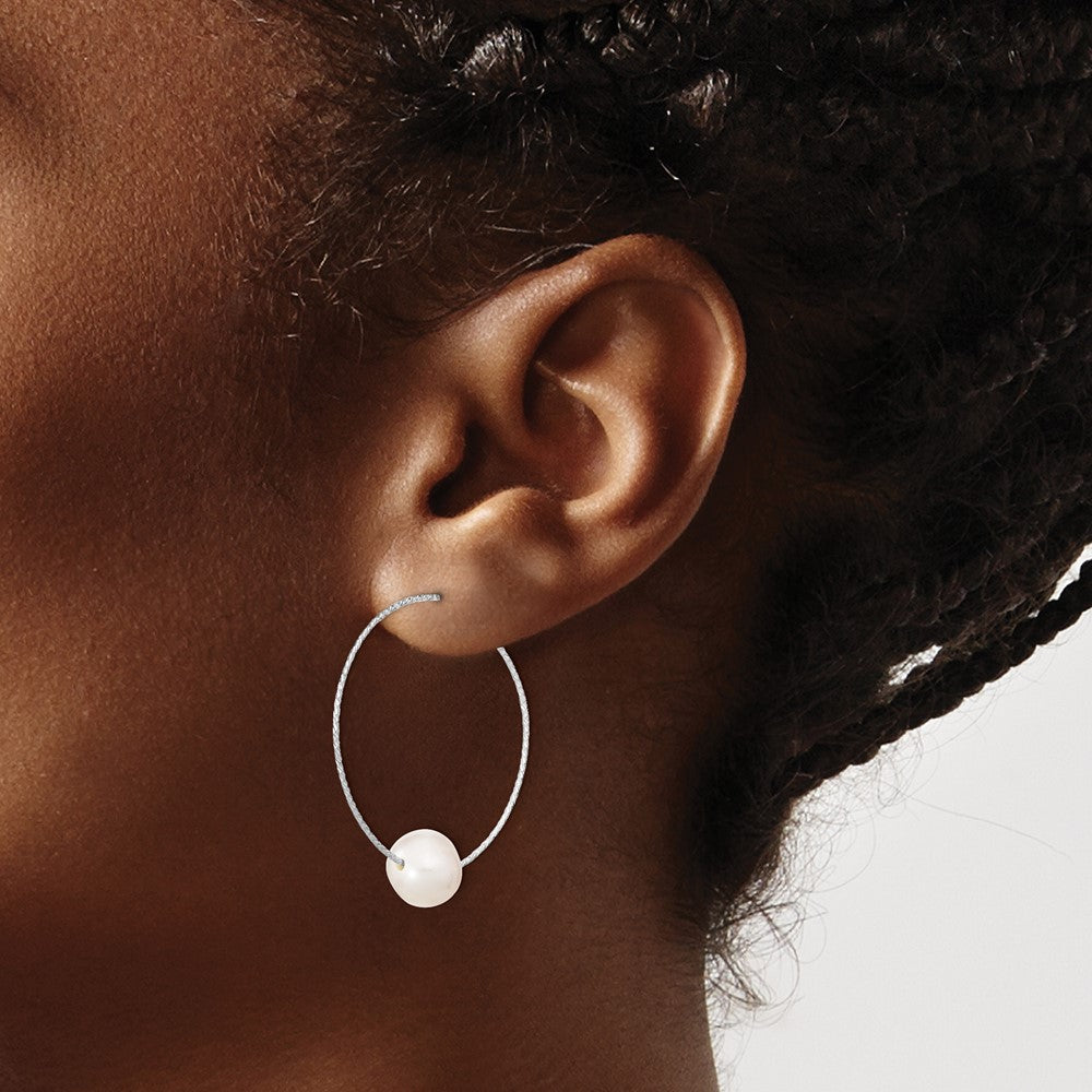 Sterling Silver Rhodium-plated 8-9mm Semi-round FWC Pearl Hoop Earrings