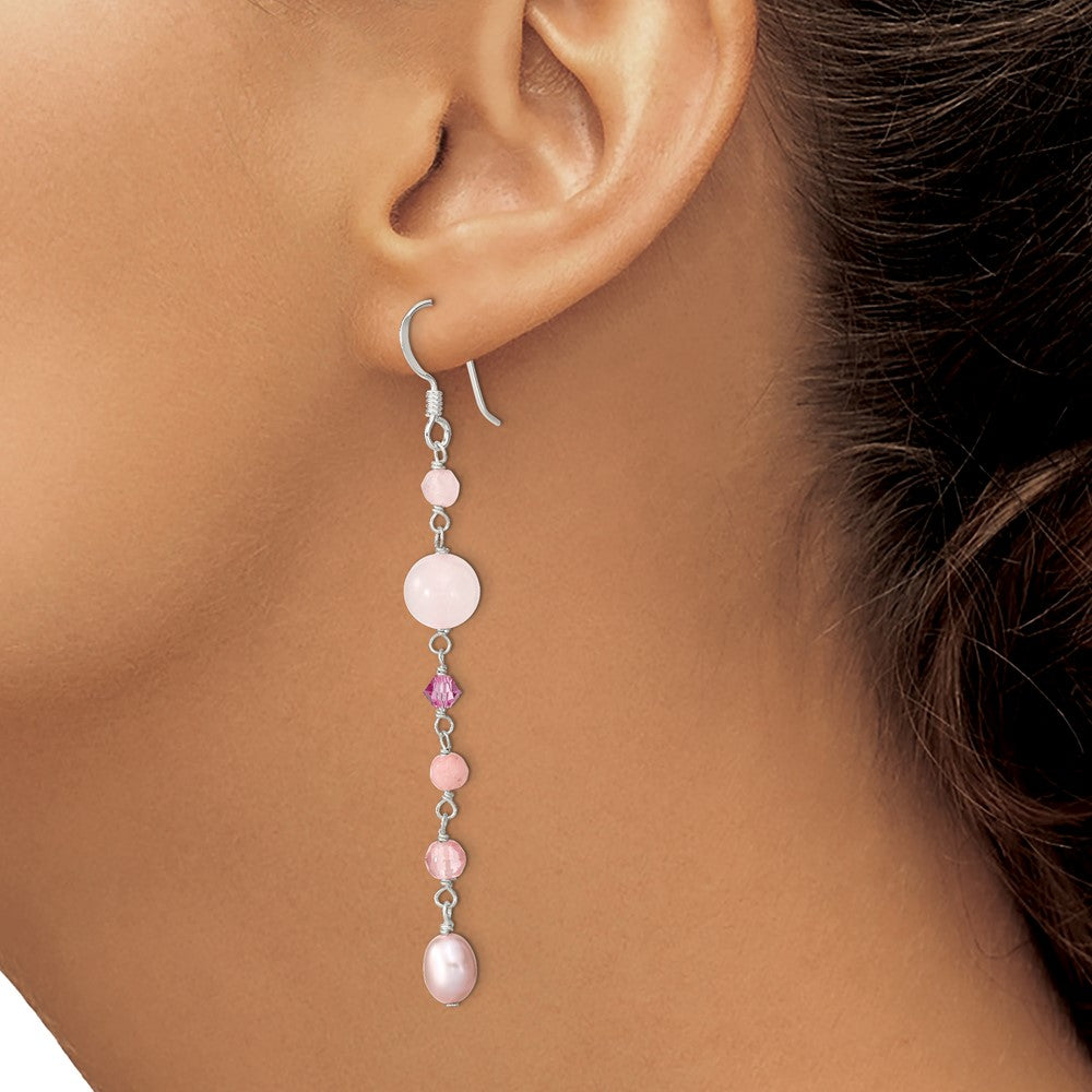 SS Pink FWCPearl/Cherry,Rose Quartz/Pink Jade/Rosaline Dangle Earrings