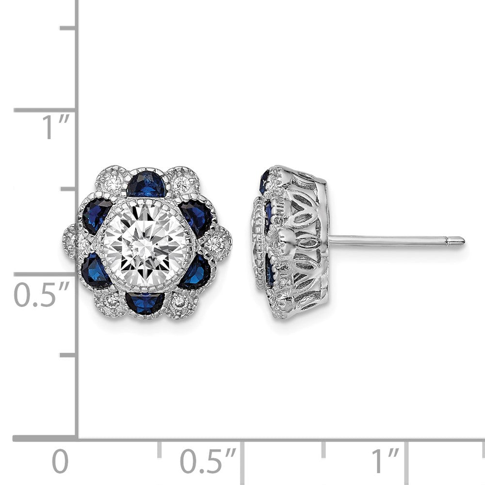 Sterling Silver Rhodium-plated Blue Spinel and CZ Flower Post Earrings