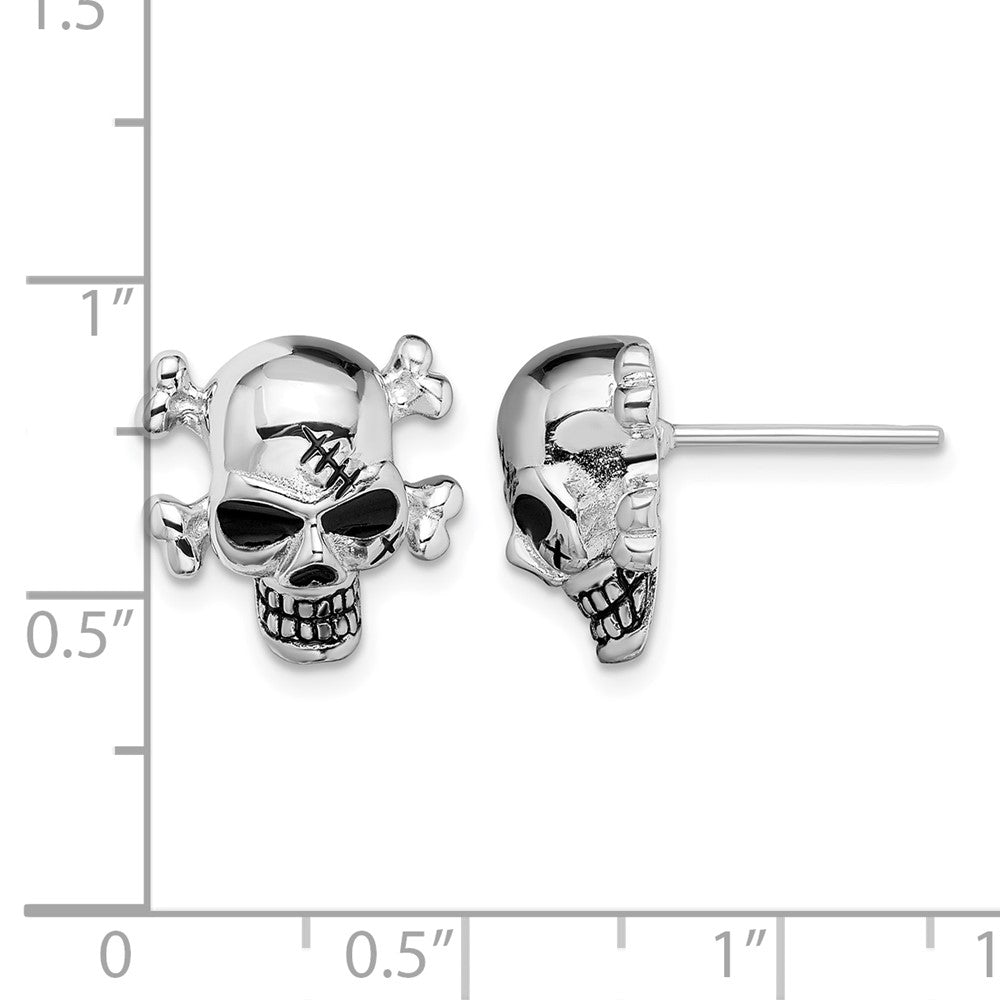 Sterling Silver Rhod-plated Antiqued Enameled Skull Post Earrings