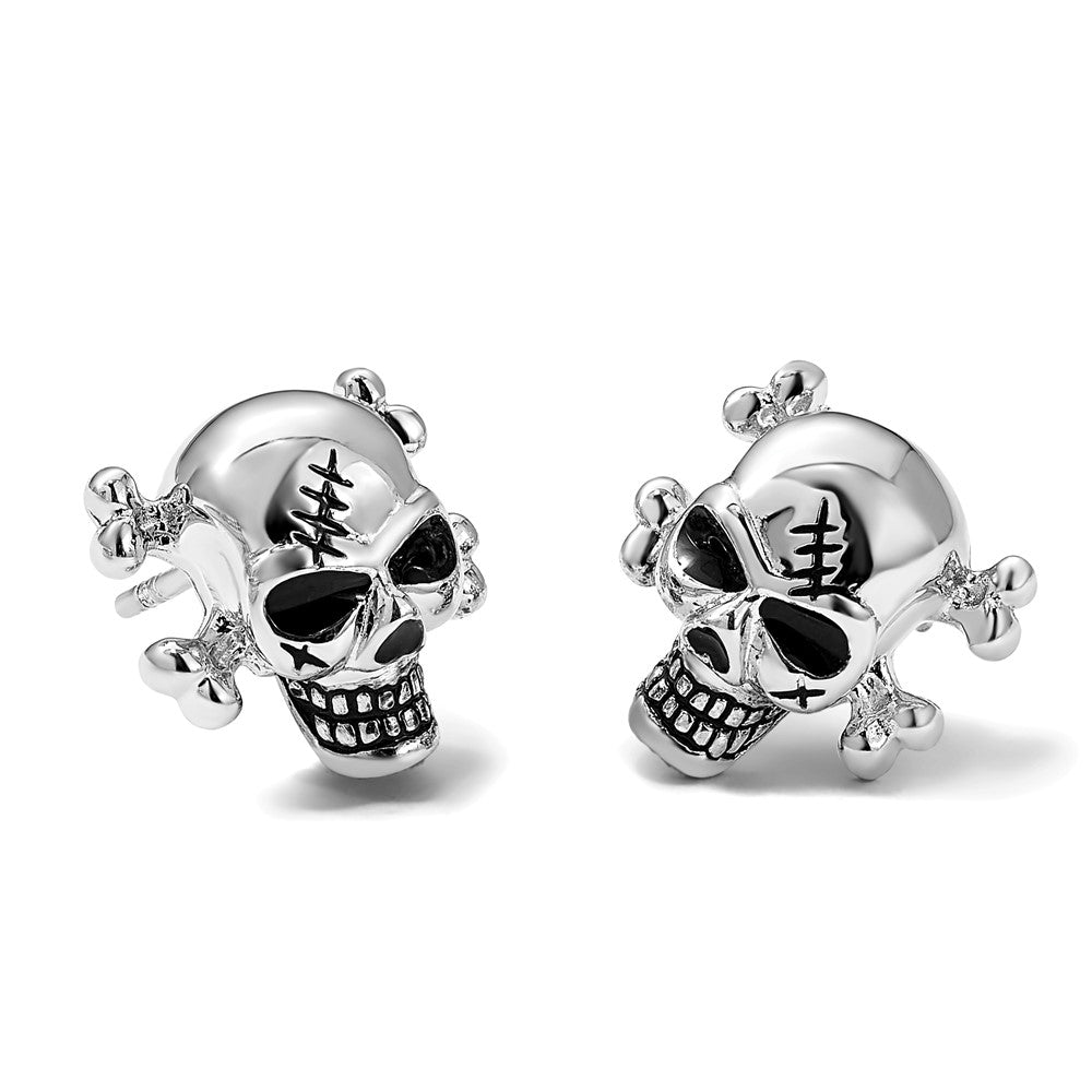 Sterling Silver Rhod-plated Antiqued Enameled Skull Post Earrings