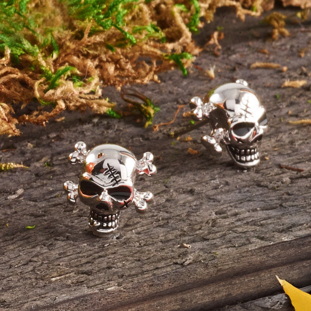 Sterling Silver Rhod-plated Antiqued Enameled Skull Post Earrings