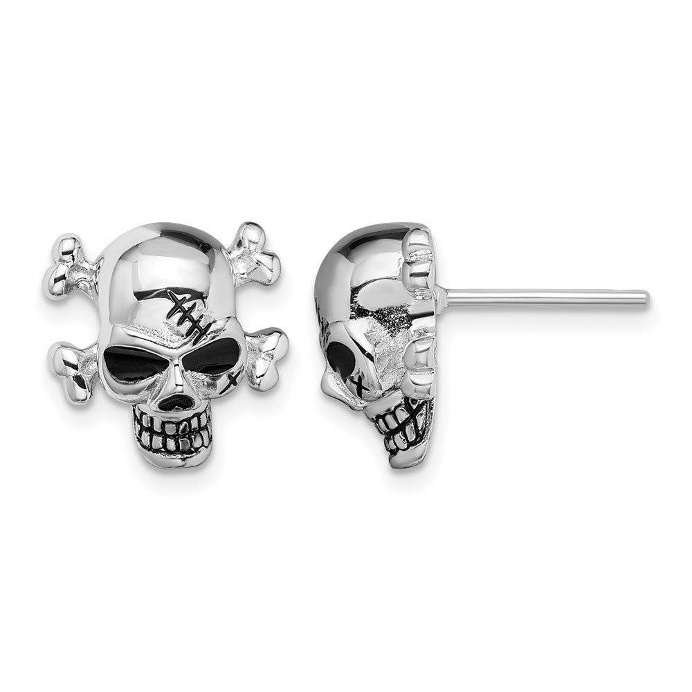 Sterling Silver Rhod-plated Antiqued Enameled Skull Post Earrings