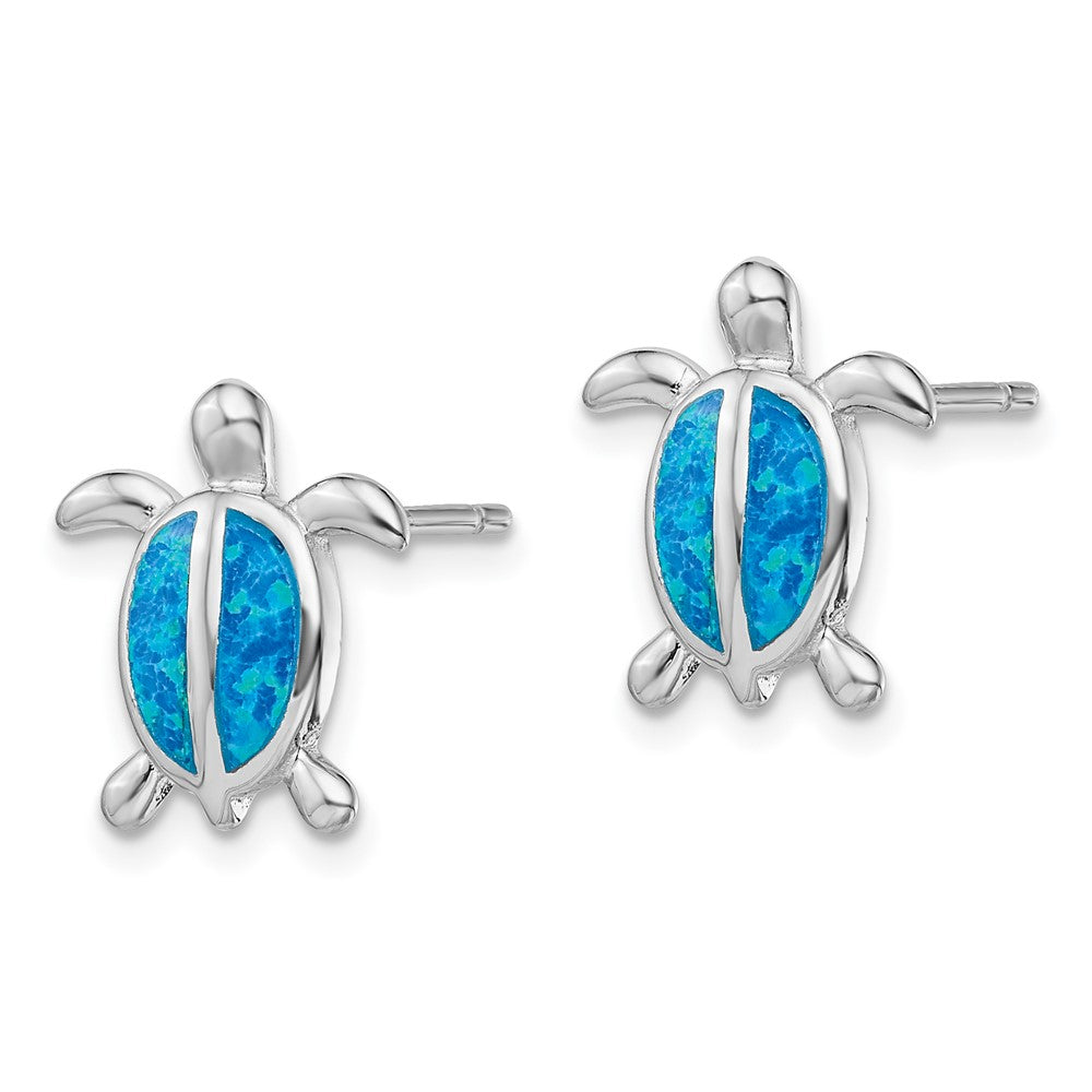 Sterling Silver Rhodium-plated Blue Created Opal Turtle Post Earrings