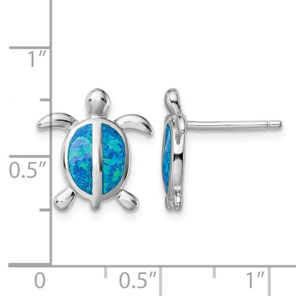 Sterling Silver Rhodium-plated Blue Created Opal Turtle Post Earrings