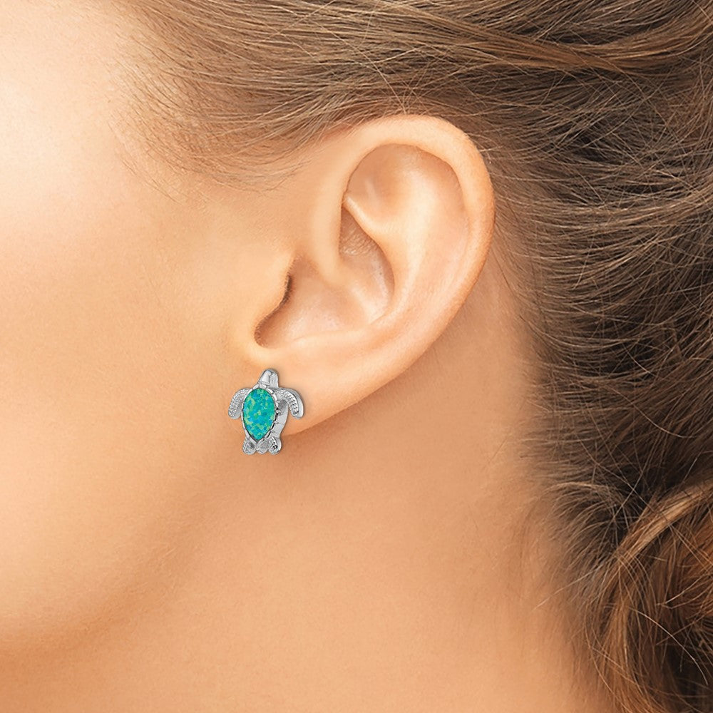 Sterling Silver Rhodium-plated Green Created Opal Turtle Post Earrings