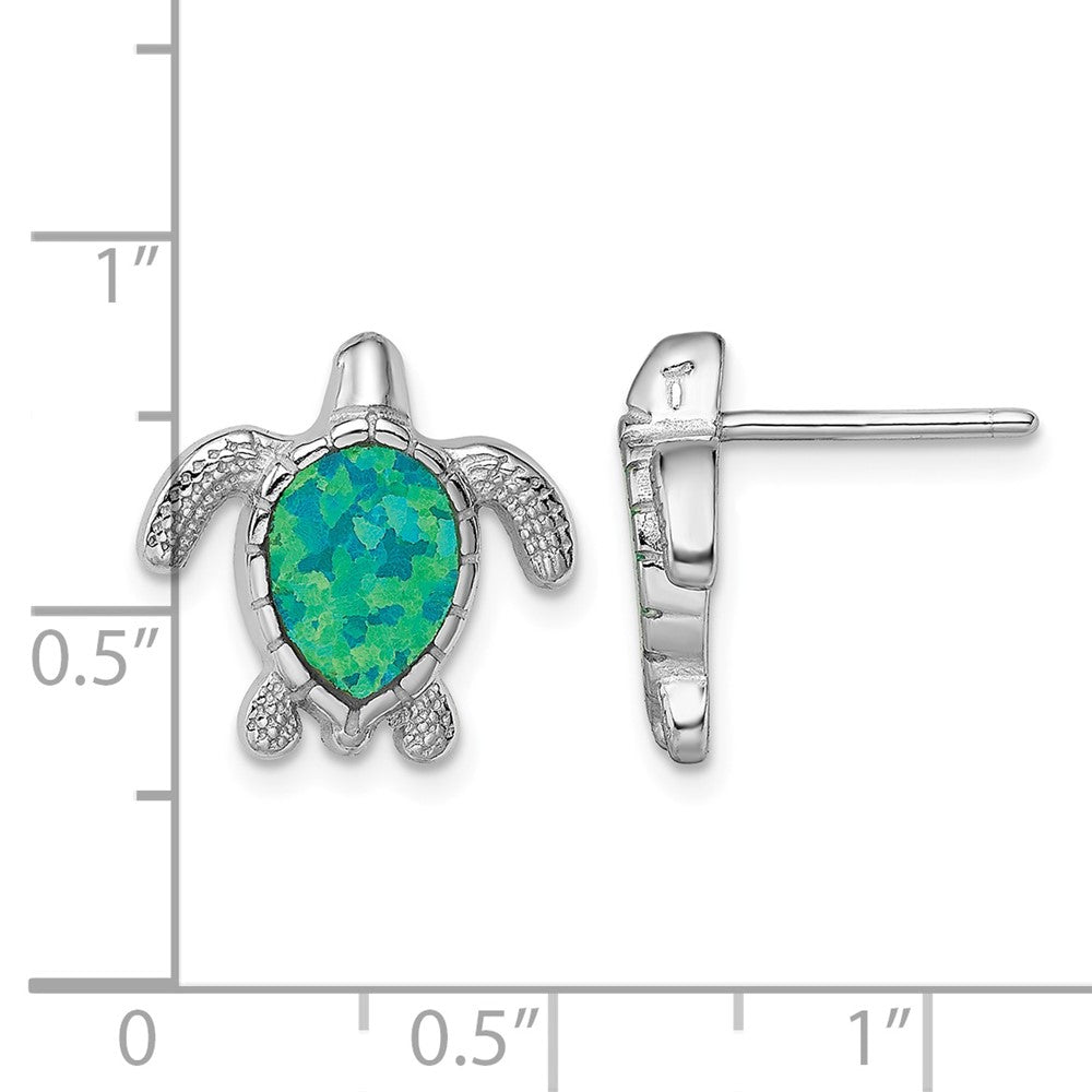 Sterling Silver Rhodium-plated Green Created Opal Turtle Post Earrings