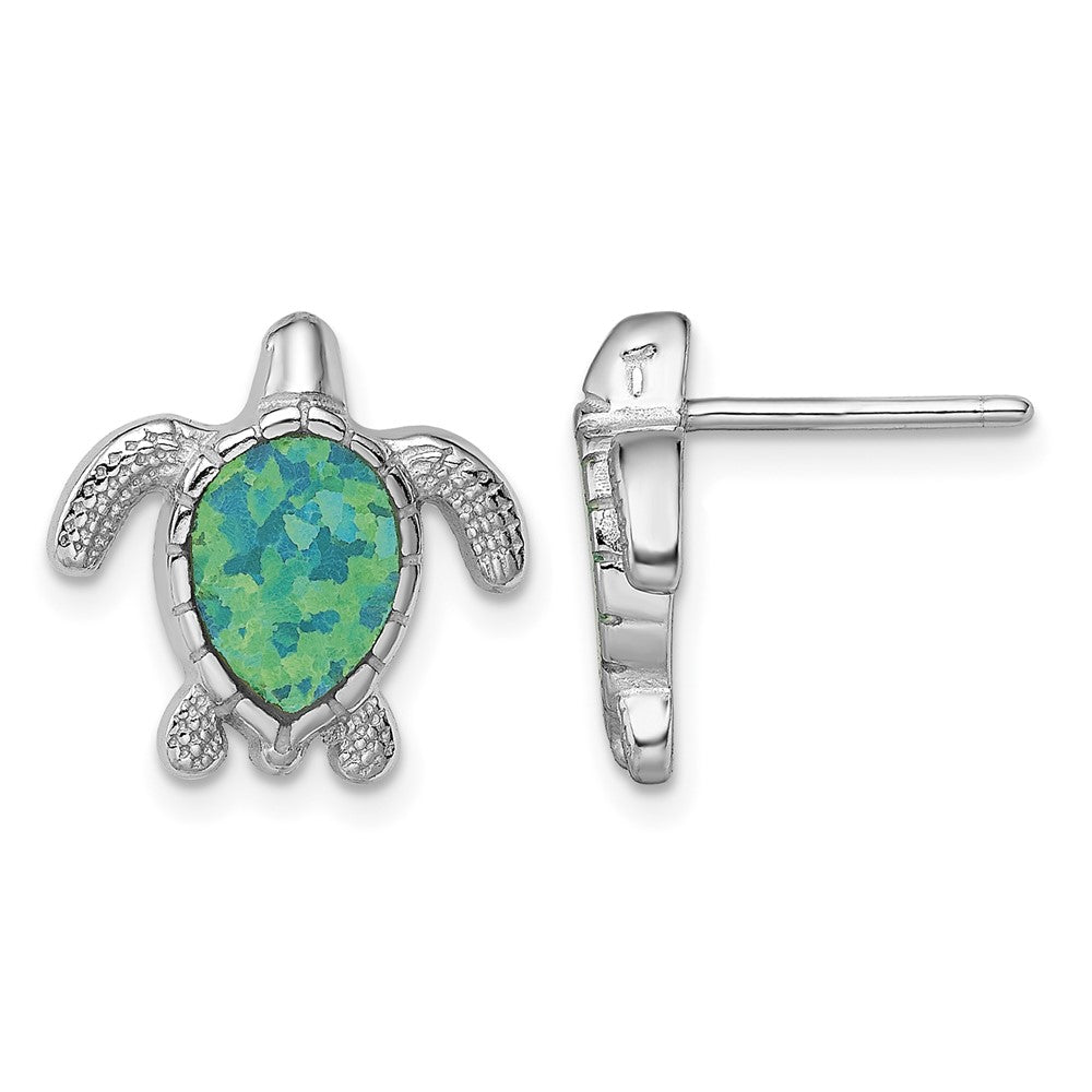 Sterling Silver Rhodium-plated Green Created Opal Turtle Post Earrings