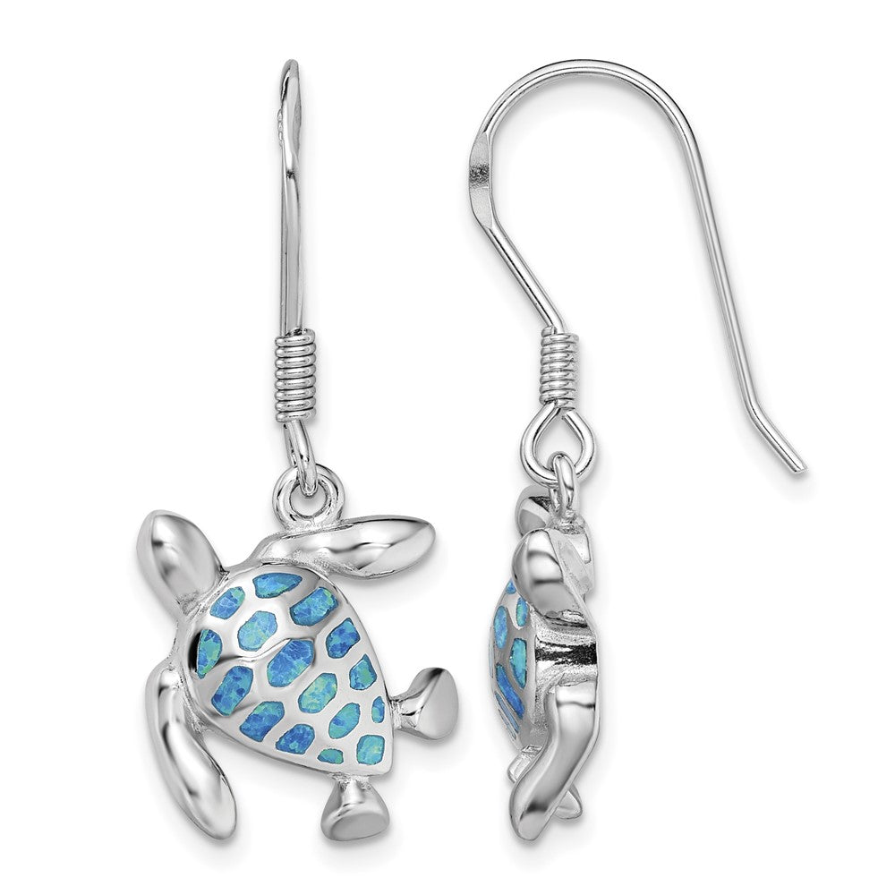 Sterling Silver Rhodium-plated Blue Created Opal Turtle Earrings