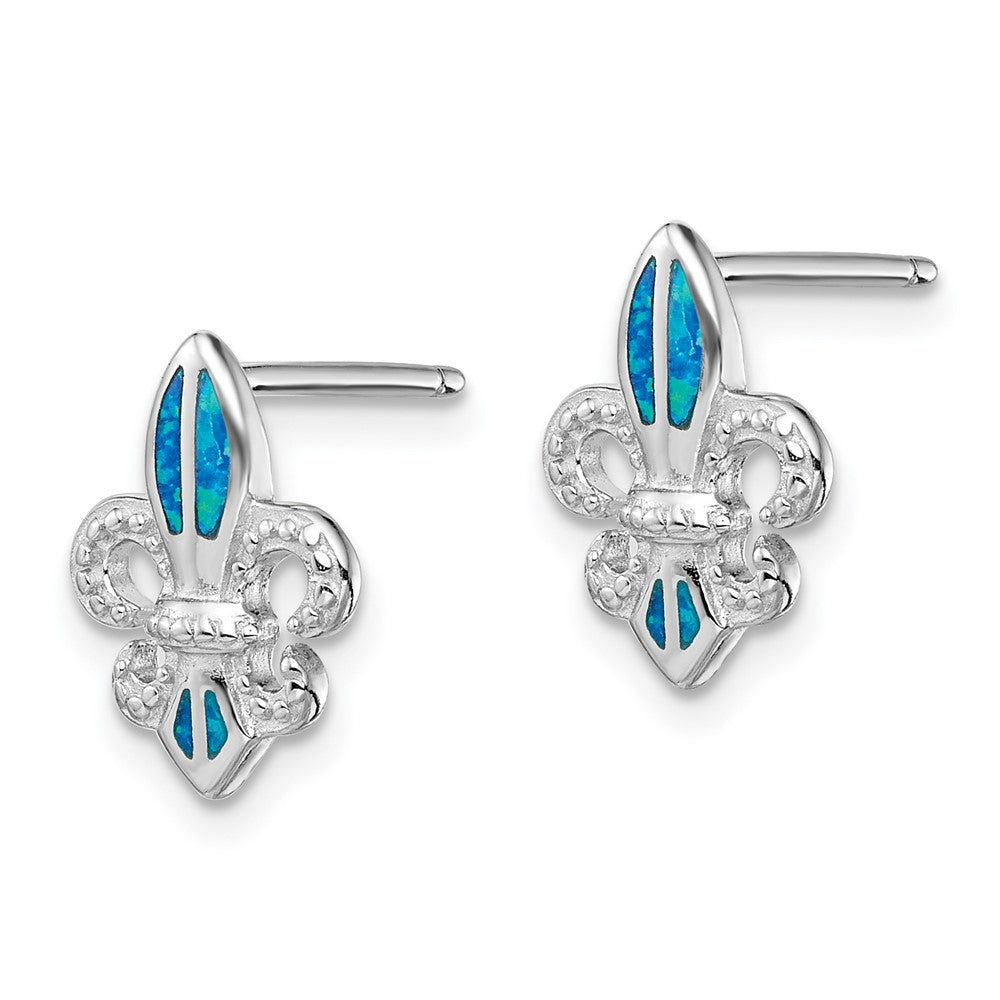 Sterling Silver RH-plated Beaded Blue Cr. Opal Fleur de Lis Post Earrings
