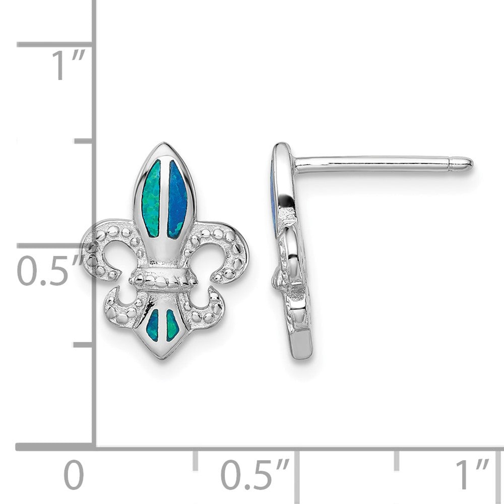 Sterling Silver RH-plated Beaded Blue Cr. Opal Fleur de Lis Post Earrings