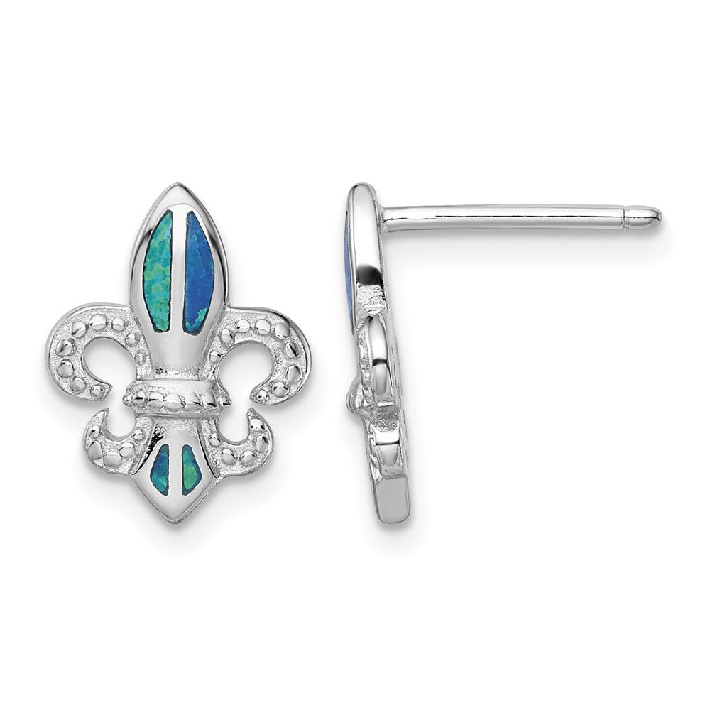 Sterling Silver RH-plated Beaded Blue Cr. Opal Fleur de Lis Post Earrings