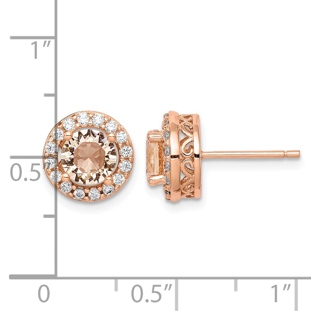 Sterling Silver Rose-tone Round Peach CZ Halo Post Earrings