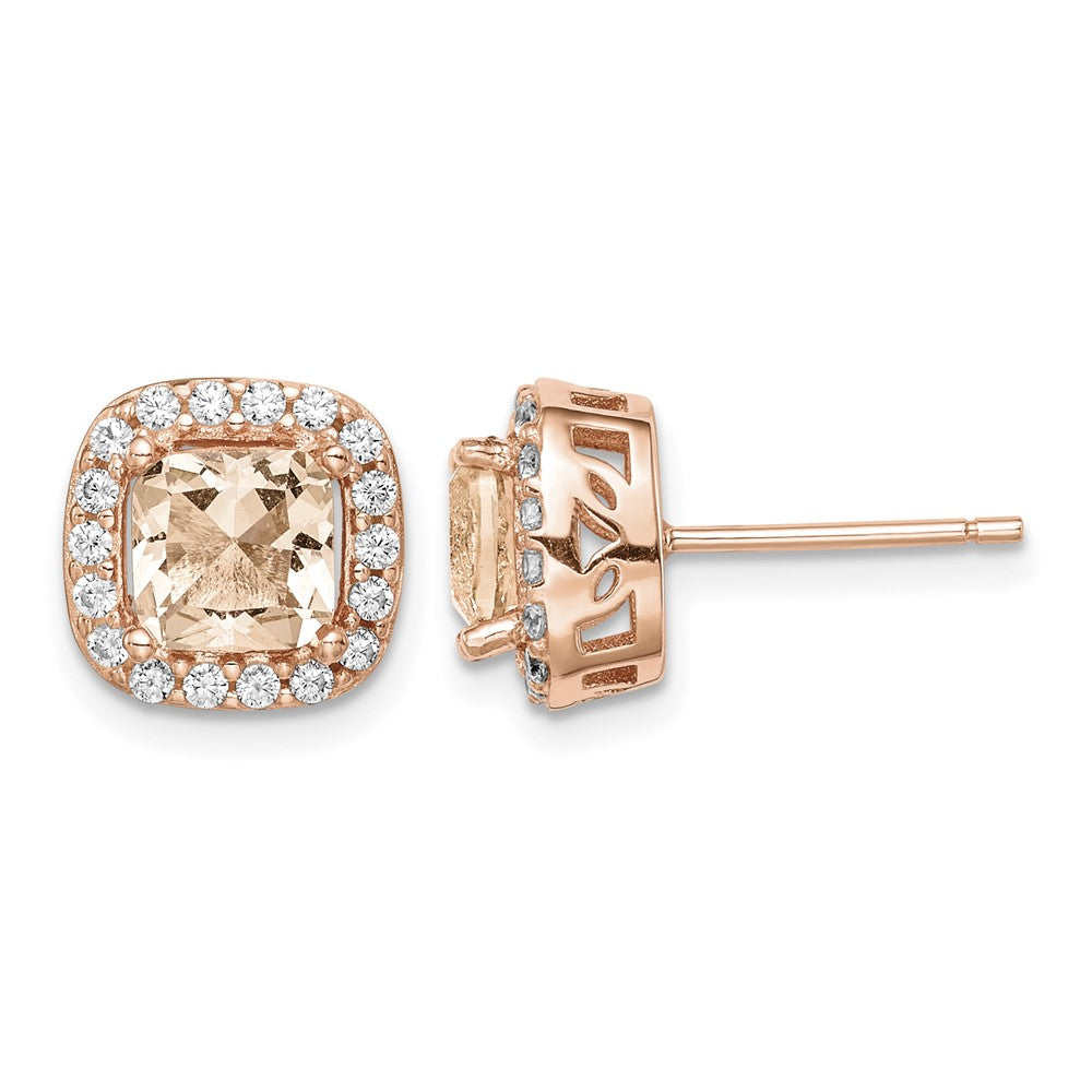 Sterling Silver Rose-tone Square Peach CZ Halo Post Earrings